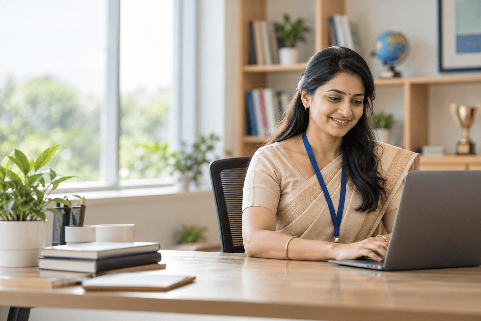 School administrator working at a laptop